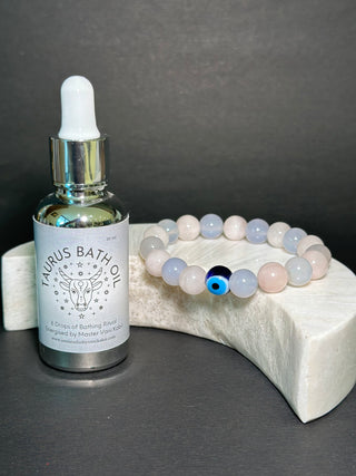 Taurus - This mixel consists of Blue Chalcedony and Rose Quartz Crystal Beads is helpful for exploring past lives and discerning karmic attachments and tends to enhance visual information the most, so it is ideal for clairvoyants